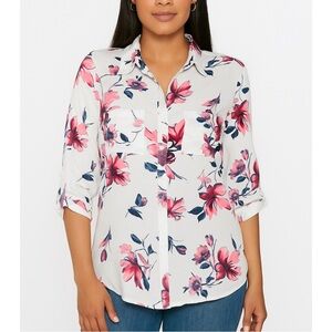 by & by White and Pink Floral Button Down Shirt